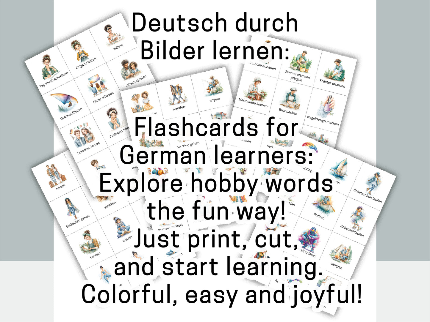 Deutsche Wortkarten - Hobbys und Freizeit. Zum Ausdrucken und Ausschneiden.