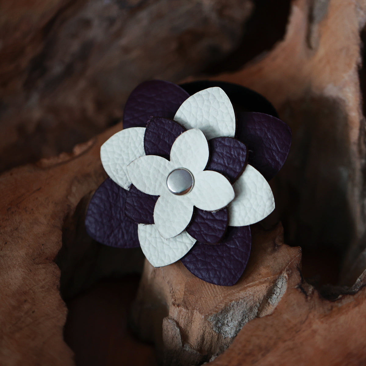 Set of two handmade hair ties with leather flowers – red-white and white-purple, elegant hair accessories, perfect gift