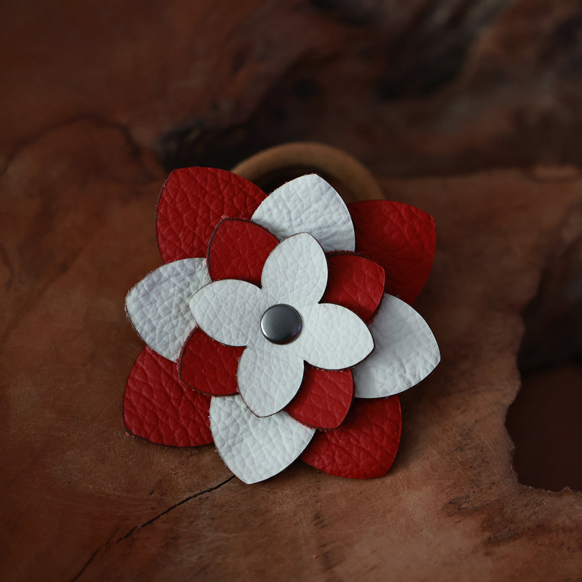 Set of two handmade hair ties with leather flowers – red-white and white-purple, elegant hair accessories, perfect gift