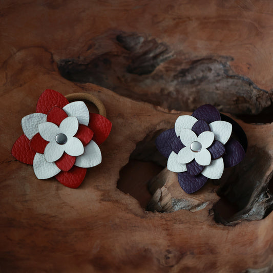 Set of two handmade hair ties with leather flowers – red-white and white-purple, elegant hair accessories, perfect gift
